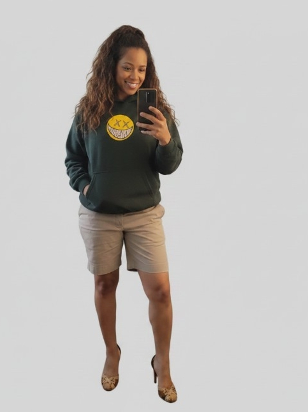 Dark Green Graphic Hoodie with Yellow Smiley Emblem - Women